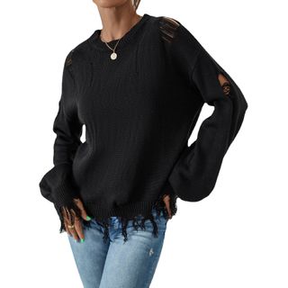Drop Shoulder Ripped Distressed Sweater