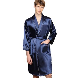 Mens Solid Color Silk Bathrobe