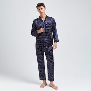 Mens Stain Silk Pajama Nightgown Set