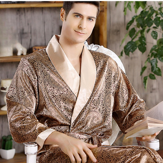 Mens Plus Size Silk Long-Sleeved Bathrobe