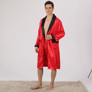 Mens 2 Pcs Silk Long-Sleeved Bathrobe & Shorts