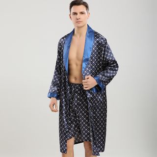 Mens Long-Sleeved 2 Pcs Silk Nightgown Set