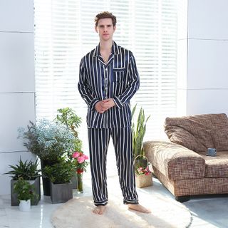 Mens Silk Striped Printed Sleepwear Suit