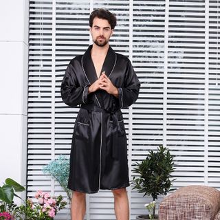 Mens Silk Satin Long-Sleeved Bathrobe