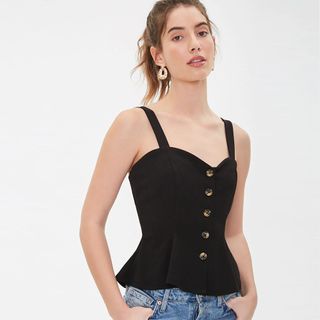 Plain Button Peplum Camisole Black Vest