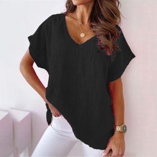 Women Short Sleeved V-neck Solid Color Top