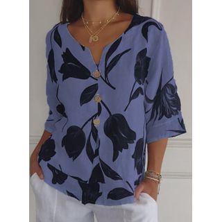 Women Printed Cotton Linen Pullover Shirt