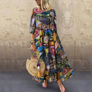 Women Bohemian Pleated Sleeve Print Dress