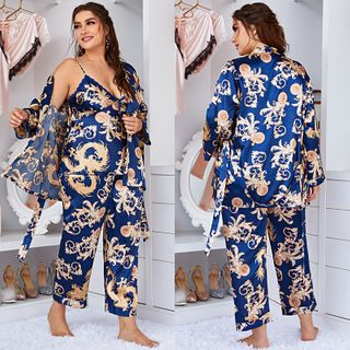 Women 3 Pcs Ice Silk Nightgown Suit