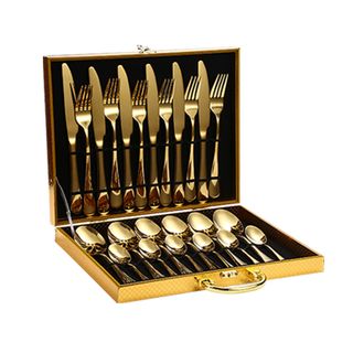 24 Pcs Stainless Steel Wooden Cutlery Box Set