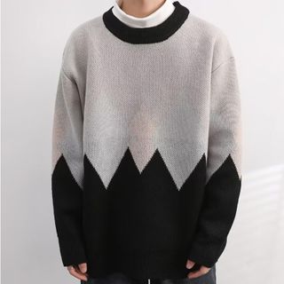 Mens Knitted Zigzag Patterned Loose Sweater