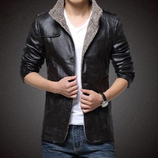 Mens Leather Plush Warm Mid Long Jacket