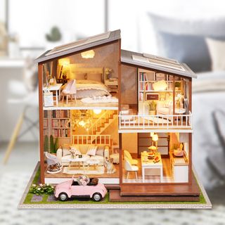 LED Mini Doll House With Furniture Wood