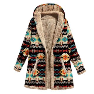 Women Cotton & Linen Printed Hooded Plush Jacket