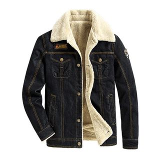 Mens Casual Thick Multi-Pocket Velvet Denim Jacket