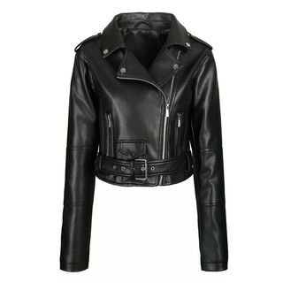 Womens Short Belt Motorcycle Leather Jacket