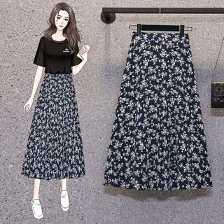High Waist Mid-Length Floral Skirt